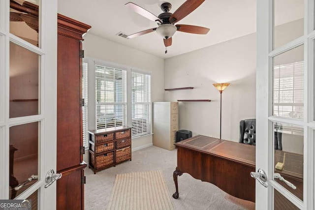 6408 Autumn Crest Ln, Hoschton, GA 30548 - office featuring light colored carpet, a ceiling fan, baseboards, and french doors