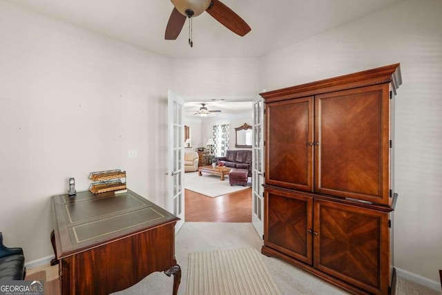 6408 Autumn Crest Ln, Hoschton, GA 30548 - office space with a ceiling fan, light carpet, french doors, and baseboards