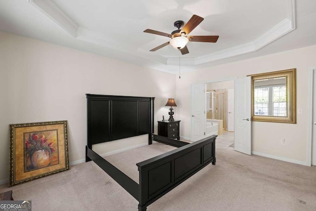 6408 Autumn Crest Ln, Hoschton, GA 30548 - carpeted bedroom with a raised ceiling, baseboards, ornamental molding, connected bathroom, and a ceiling fan