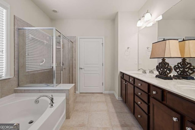 6408 Autumn Crest Ln, Hoschton, GA 30548 - full bath with a bath, double vanity, a stall shower, tile patterned flooring, and baseboards