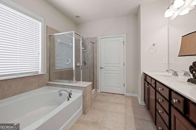 6408 Autumn Crest Ln, Hoschton, GA 30548 - full bath with a garden tub, vanity, a stall shower, and tile patterned floors