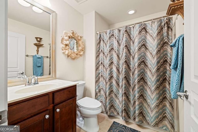 6408 Autumn Crest Ln, Hoschton, GA 30548 - full bath with vanity, toilet, tile patterned flooring, and a shower with shower curtain