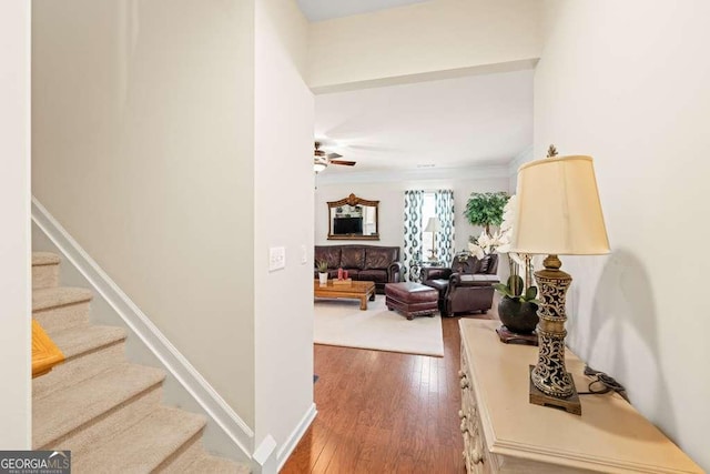6408 Autumn Crest Ln, Hoschton, GA 30548 - corridor with wood-type flooring, stairs, and ornamental molding