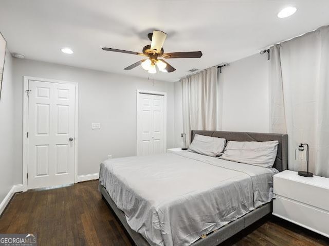 1599 Ezra Church Dr NW, Atlanta, GA 30314 - bedroom with a ceiling fan, dark wood-style flooring, baseboards, a closet, and recessed lighting