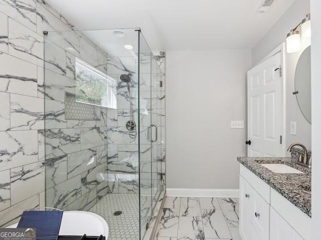 1599 Ezra Church Dr NW, Atlanta, GA 30314 - full bathroom featuring visible vents, baseboards, vanity, marble finish floor, and a marble finish shower