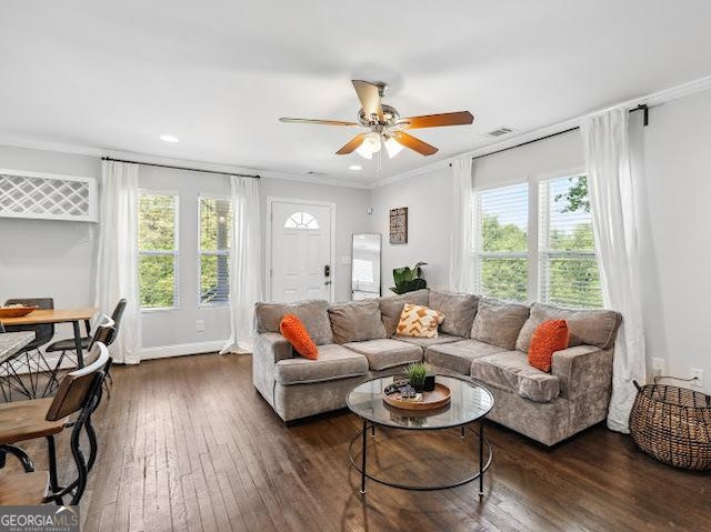 1599 Ezra Church Dr NW, Atlanta, GA 30314 - living room with a healthy amount of sunlight, ceiling fan, dark wood-style floors, and visible vents