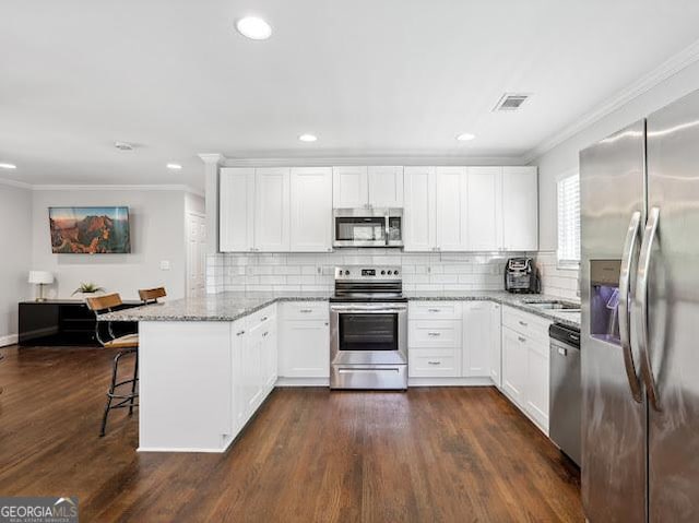 1599 Ezra Church Dr NW, Atlanta, GA 30314 - kitchen with crown molding, recessed lighting, stainless steel appliances, and a peninsula