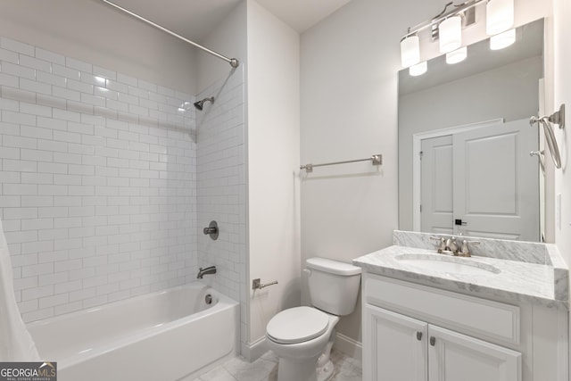 15626 Birmingham Hwy, Milton, GA 30004 - bathroom featuring vanity, baseboards, toilet, and shower / bathtub combination with curtain