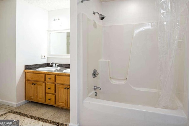 220 Yellowbird Trl Unit 40, Blue Ridge, GA 30513 - bathroom with tile patterned flooring, double vanity, baseboards, shower / bathtub combination with curtain, and a sink