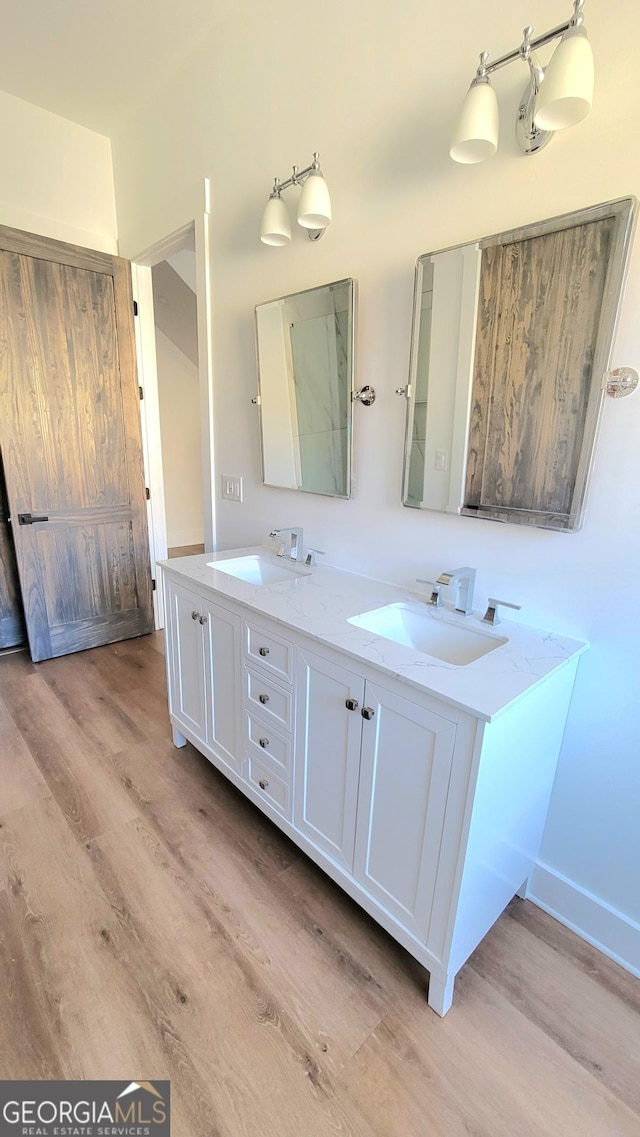 bathroom featuring a sink, double vanity, and wood finished floors