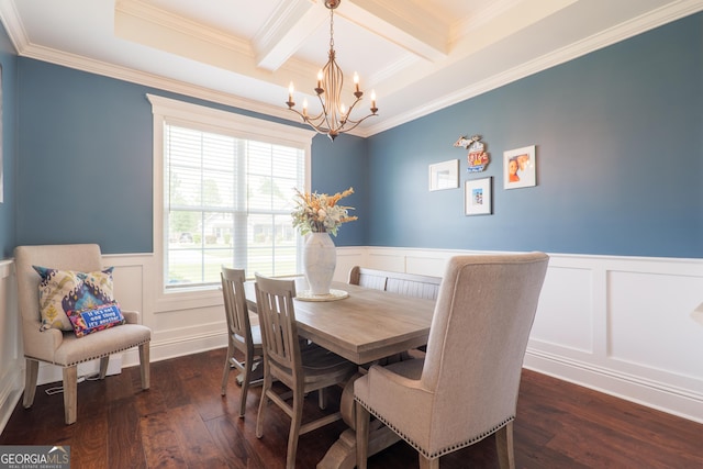 dining room featuring coffered ceiling, dark wood-style flooring, beamed ceiling, a notable chandelier, and a decorative wall