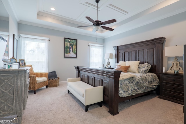 bedroom with ornamental molding, light carpet, recessed lighting, a ceiling fan, and coffered ceiling