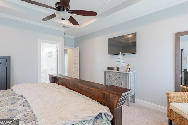 bedroom with crown molding, light carpet, baseboards, ensuite bathroom, and ceiling fan