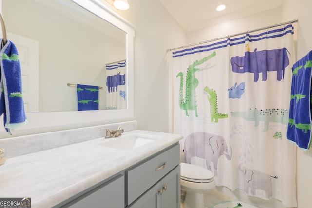bathroom with vanity, ornamental molding, toilet, a shower with shower curtain, and recessed lighting