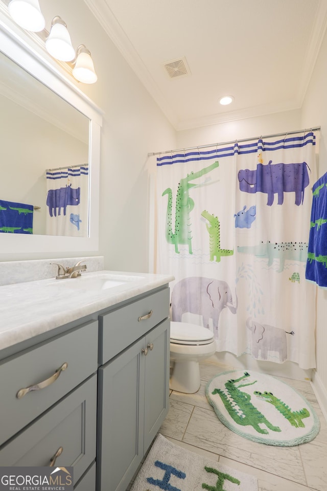 full bathroom with toilet, visible vents, ornamental molding, and vanity