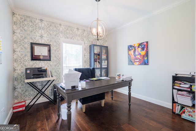office featuring baseboards, ornamental molding, wood finished floors, and a notable chandelier