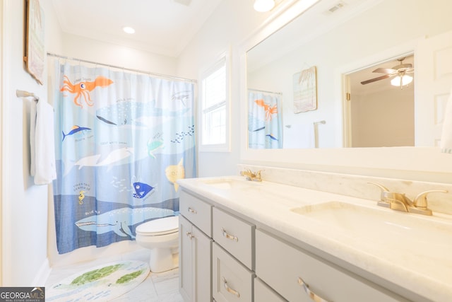 full bath with double vanity, a sink, visible vents, and toilet