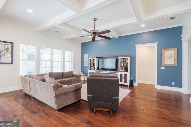 living room with visible vents, beamed ceiling, dark wood-type flooring, a ceiling fan, and coffered ceiling