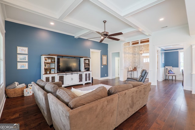 living area with recessed lighting, ceiling fan, coffered ceiling, and dark wood-style flooring