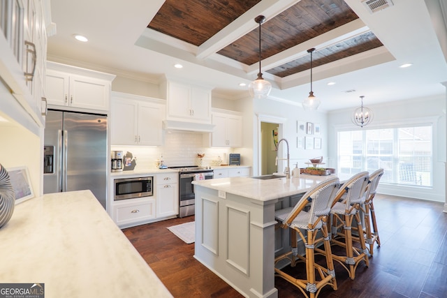 kitchen featuring wood ceiling, visible vents, appliances with stainless steel finishes, a sink, and ornamental molding