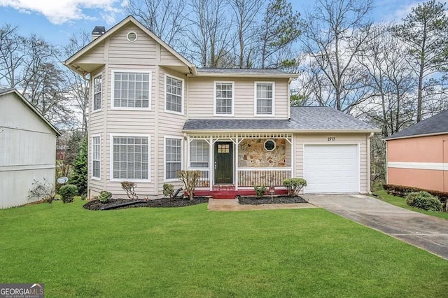 traditional home featuring a garage, a front yard, a chimney, covered porch, and driveway