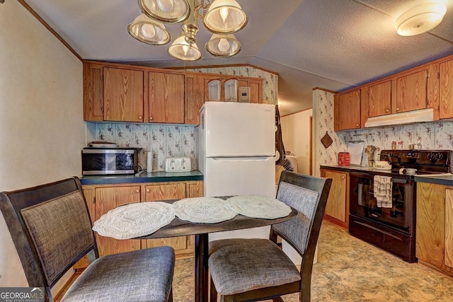 kitchen with black electric range, vaulted ceiling, stainless steel microwave, freestanding refrigerator, and under cabinet range hood