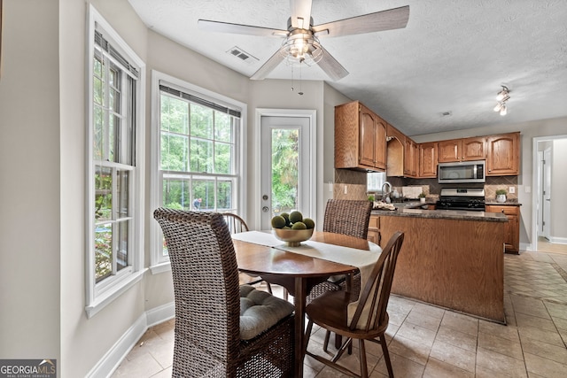 dining area featuring ceiling fan, visible vents, plenty of natural light, and baseboards