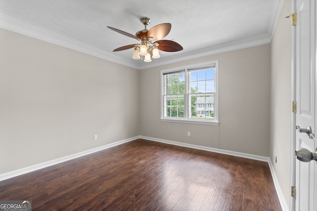 unfurnished room with baseboards, ceiling fan, ornamental molding, and dark wood-style floors