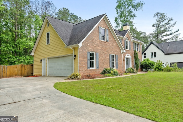 view of front of home with fence, a chimney, brick siding, a shingled roof, and concrete driveway