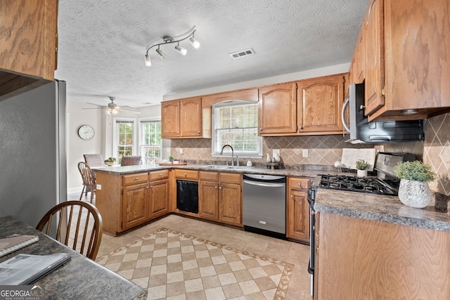 kitchen featuring appliances with stainless steel finishes, a sink, a peninsula, tasteful backsplash, and visible vents