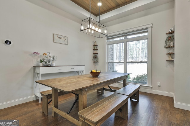 dining area featuring baseboards, dark wood finished floors, a notable chandelier, and wood ceiling