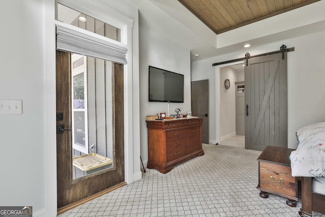 interior space featuring wood ceiling, baseboards, vanity, and recessed lighting