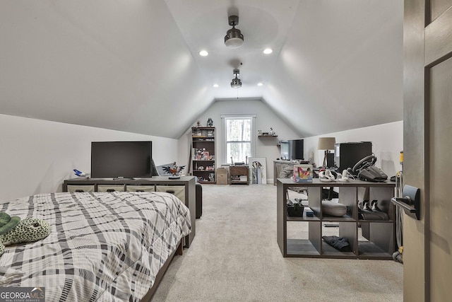 bedroom featuring carpet floors, recessed lighting, and lofted ceiling