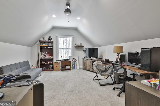 carpeted office featuring recessed lighting and lofted ceiling