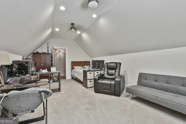 bedroom with carpet floors, baseboards, vaulted ceiling, and recessed lighting