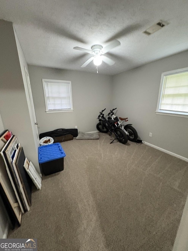 misc room with visible vents, a textured ceiling, carpet, and ceiling fan