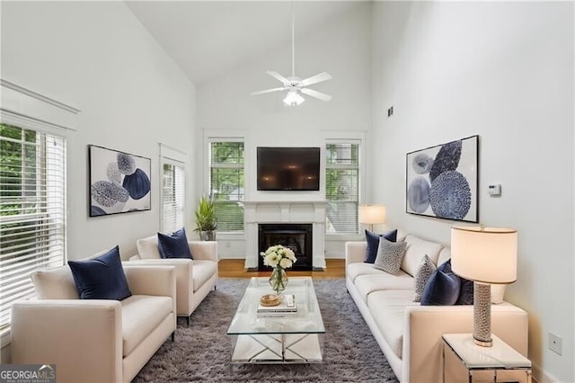 655 Mead St SE Unit 58, Atlanta, GA 30312 - living area with high vaulted ceiling, plenty of natural light, a ceiling fan, a fireplace with flush hearth, and wood finished floors