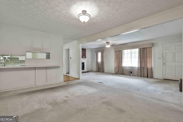 unfurnished living room with ornamental molding, carpet flooring, and a textured ceiling