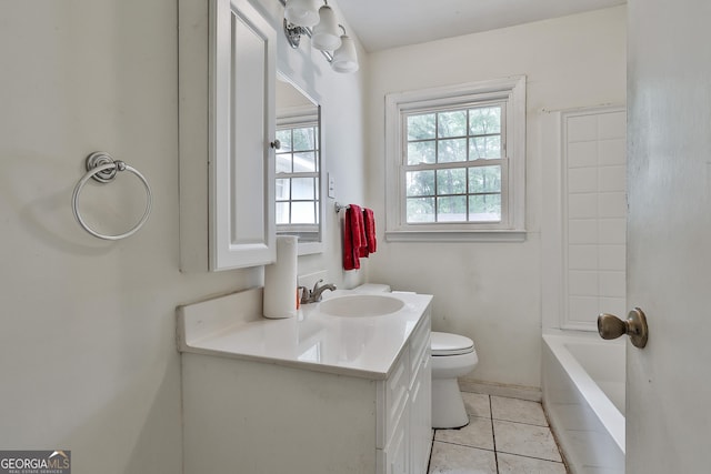bathroom featuring a washtub, tile patterned flooring, a shower, vanity, and toilet