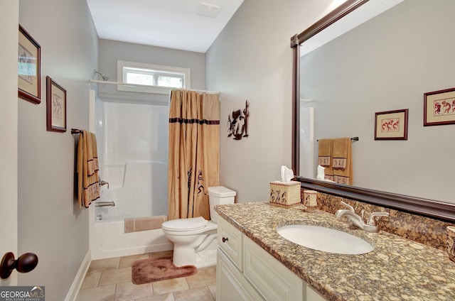 bathroom with vanity, shower / tub combo with curtain, toilet, tile patterned floors, and baseboards