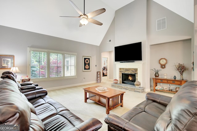 living room with carpet floors, visible vents, baseboards, high vaulted ceiling, and a ceiling fan