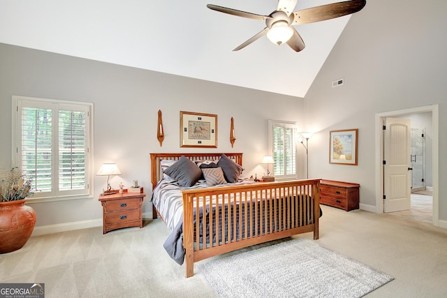 bedroom featuring baseboards, carpet, high vaulted ceiling, and visible vents