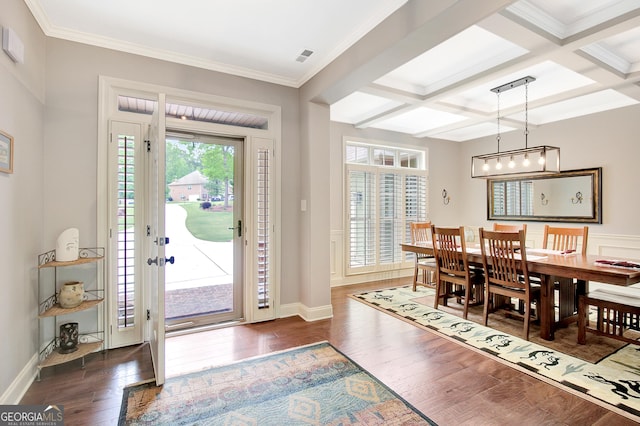 entryway featuring crown molding, beamed ceiling, coffered ceiling, and dark wood-type flooring