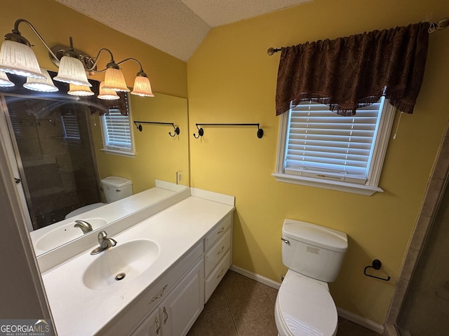 full bathroom with tile patterned flooring, toilet, a textured ceiling, lofted ceiling, and an enclosed shower