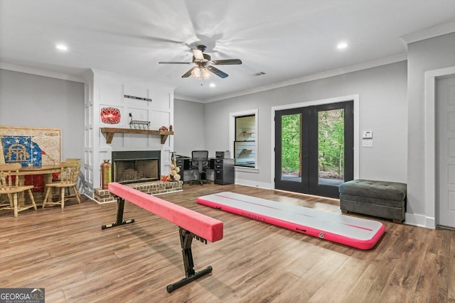 game room with wood finished floors, ceiling fan, french doors, and a fireplace