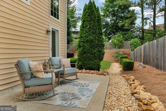 view of yard with a fenced backyard and a patio area