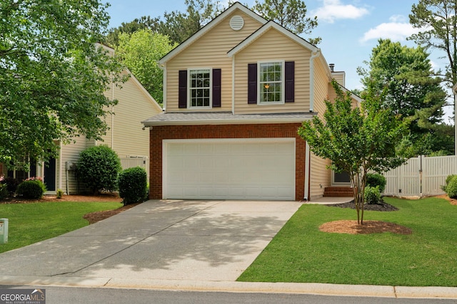traditional-style home featuring driveway, brick siding, fence, a garage, and a front yard