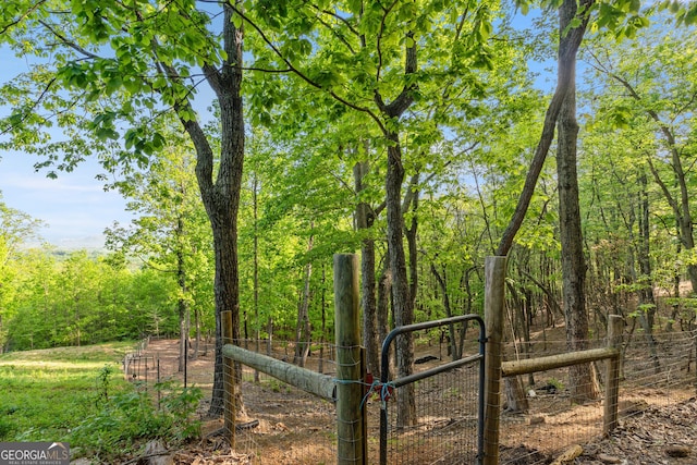 view of yard with a view of trees, fence, and a gate