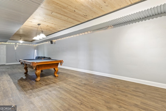 game room with baseboards, wood ceiling, wood finished floors, and pool table