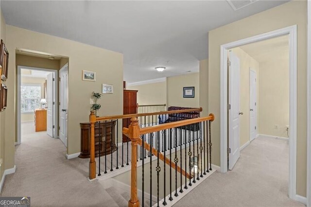 441 Mountain View Ln, Woodstock, GA 30188 - hall with light colored carpet, baseboards, and an upstairs landing